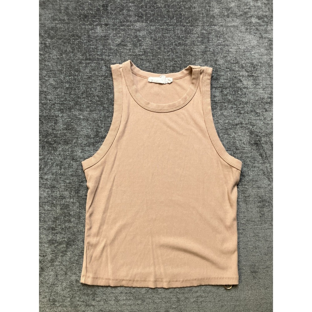 Pink Rose Cropped Tank Womens Medium Beige Modal Ribbed Knit Round Neck Pullover